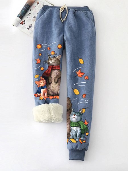 Fleece Warm Cute Cat Knitted Casual Pants