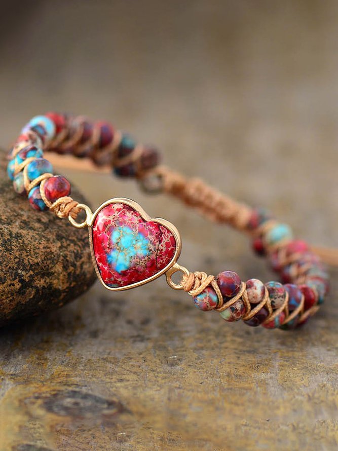 Heart Pattern Natural Turquoise Beaded Braided Bracelet Boho Ethnic Vintage Jewelry