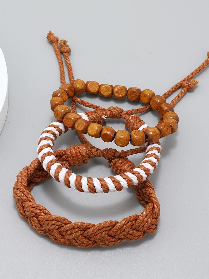 Western Style Vintage Leather Woven Wooden Beaded Multilayer Bracelet Boho Beach Resort Jewelry