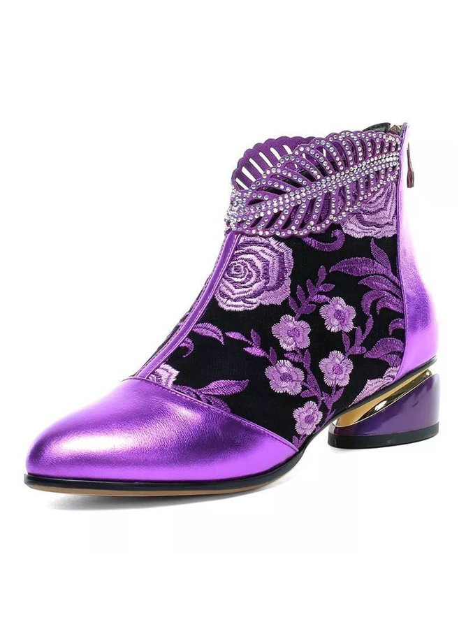 Retro Ethnic Embroidered Rhinestone Chunky Heel Zipper Boots