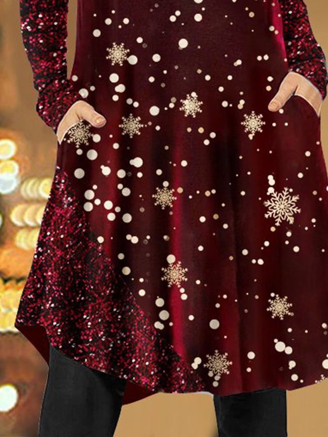 Snowflake Printed Long-Sleeve Comfortable Women’s Dress