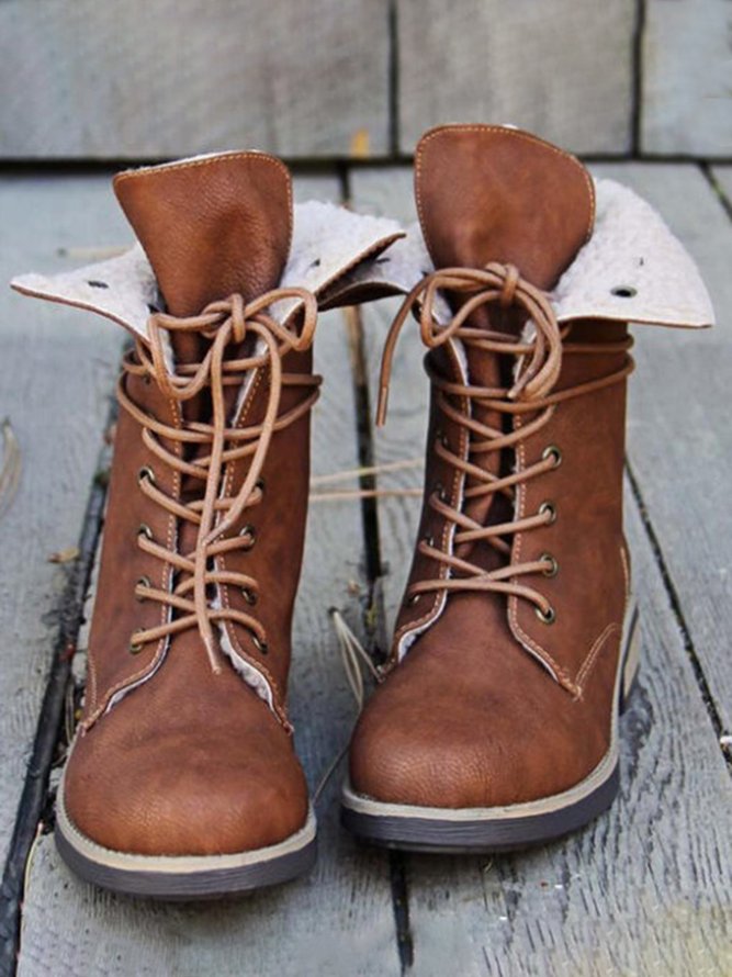 Warm Plush Panel Lace-Up Mid Boots
