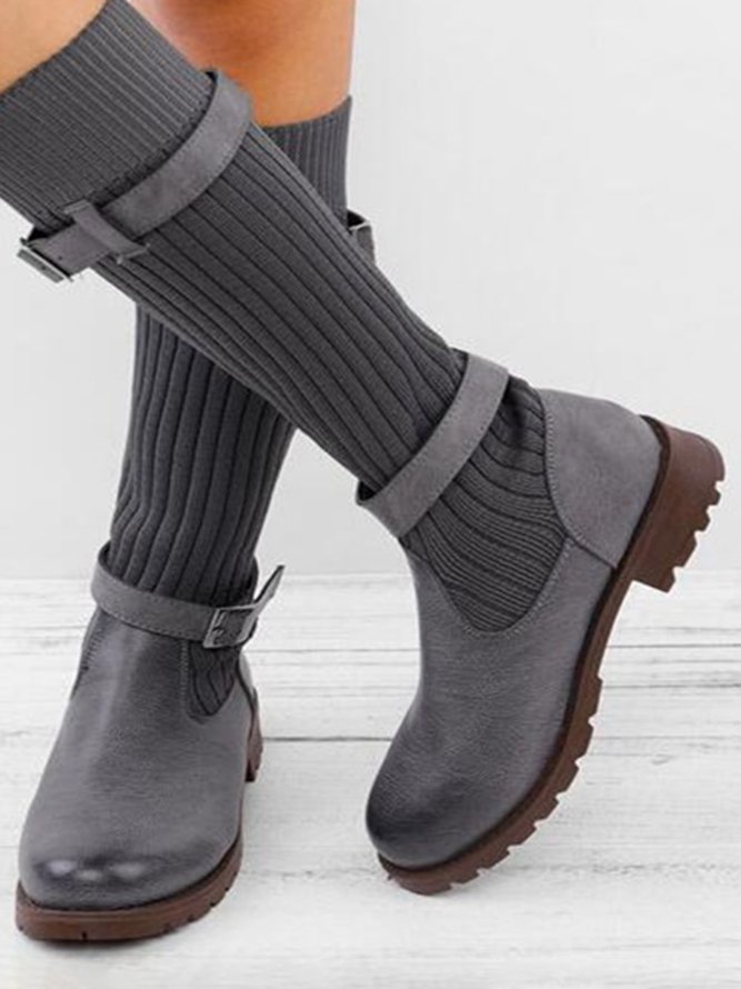 Vintage Buckle Knit Socks Chunky Heel Sock Boots