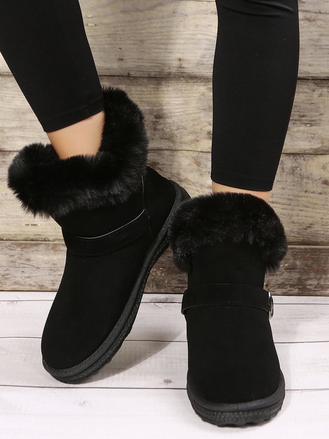 Casual Buckle Decor Faux Suede Furry Snow Boots