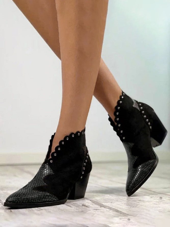 Snake Stitch Rivet Lace Toe Thick Heel Ankle Boots