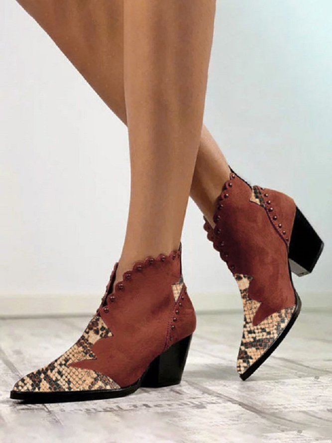 Snake Stitch Rivet Lace Toe Thick Heel Ankle Boots