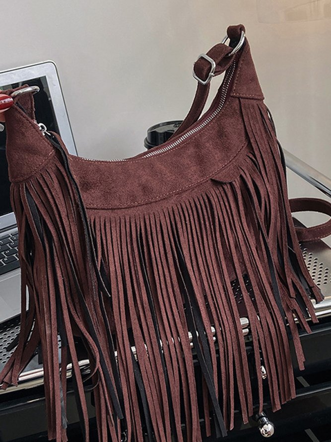 Vintage Fringe Large Capacity Zip One Shoulder Crossbody Bag