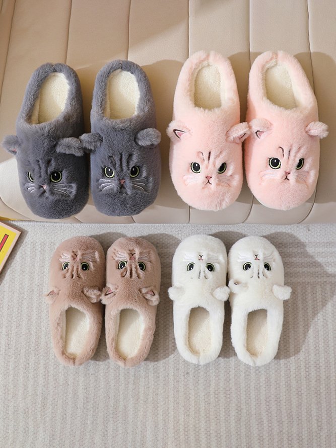 Cartoon Cat Design Embroidered Fuzzy Novelty Slippers