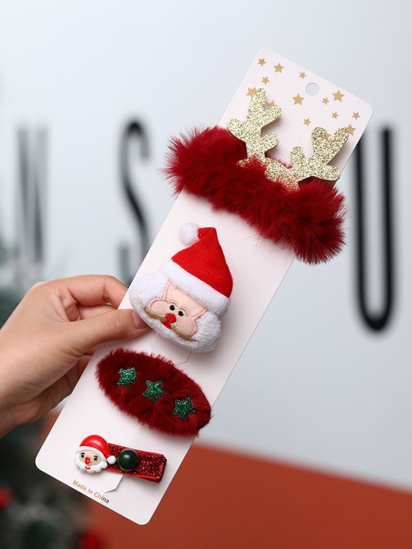 4Pcs Santa Claus Christmas Tree Elk Pattern Antler Hair Clip Set Holiday Party Decorations Accessories