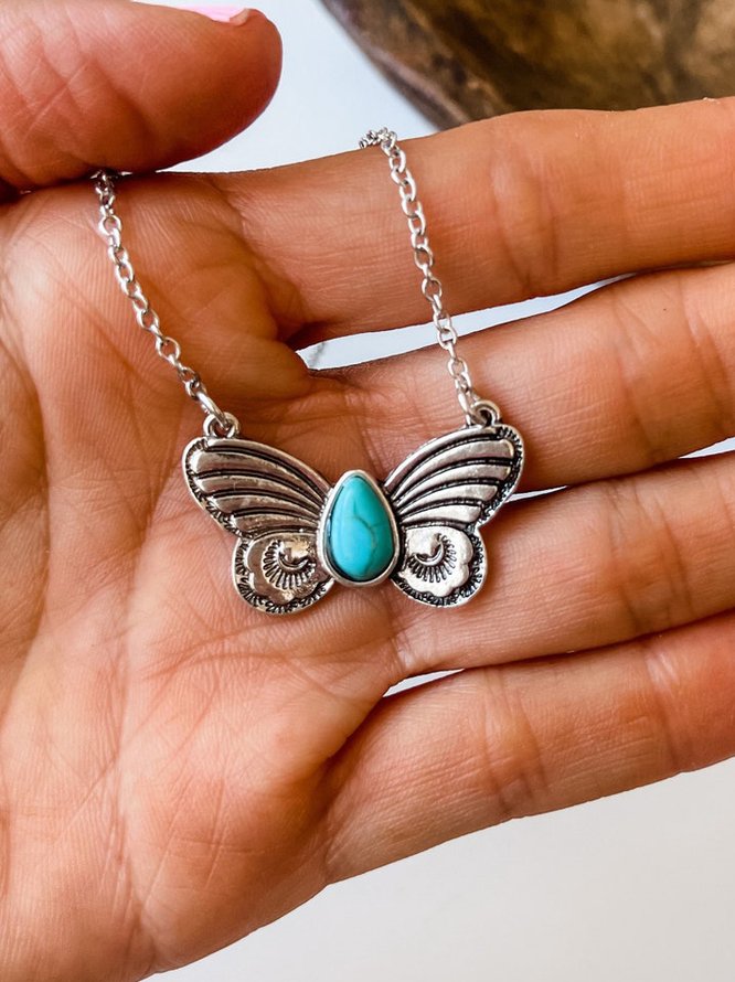 Boho Vintage Turquoise Butterfly Pattern Necklace Ethnic Jewelry