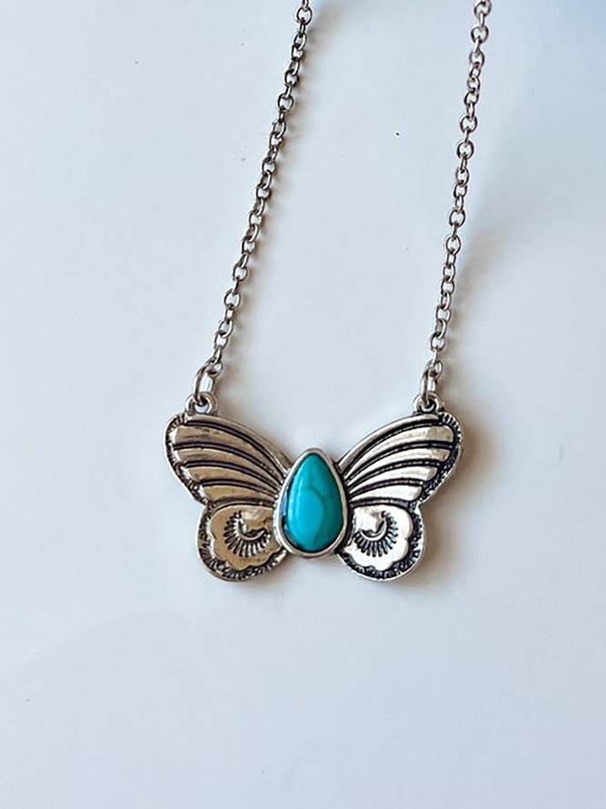 Boho Vintage Turquoise Butterfly Pattern Necklace Ethnic Jewelry