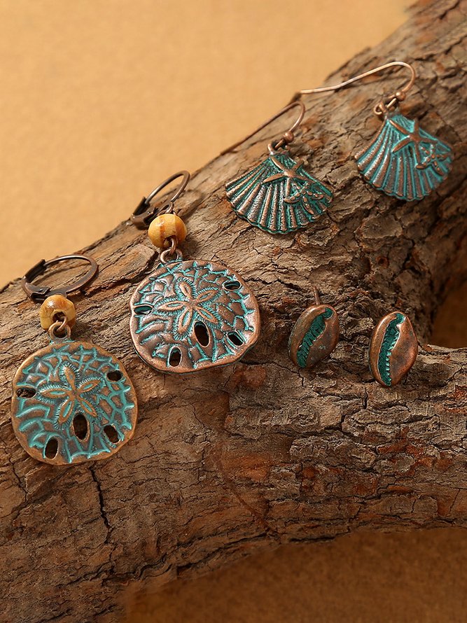 3Pcs Retro Ethnic Shell Pattern Earring Set Bohemian Resort Style Beach Jewelry