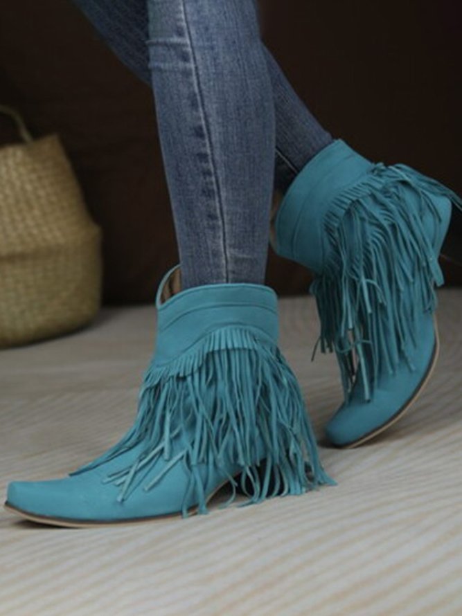 Vintage Fringed Faux Suede West Style Pointed-Toe Chunky Heel Boots