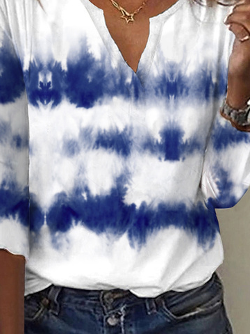 V Neck Casual Tie-Dye Pattern Flare Sleeve Regular Fit T-Shirt