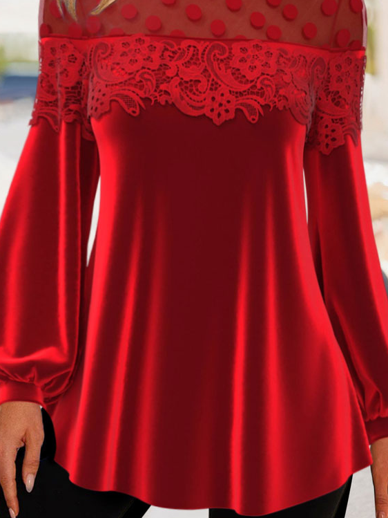 Casual Lace Velvet Stitching Red Valentines Round Neck Top