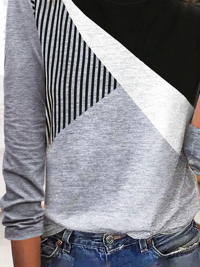 Striped Patchwork Contrast Printed Casual Long-sleeve T-shirt