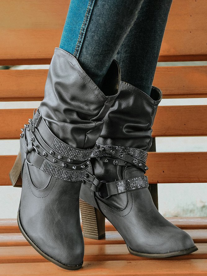 Plus Size Rhinestone Rivets Chunky Heel  Slouchy Boots with Buckle Strap