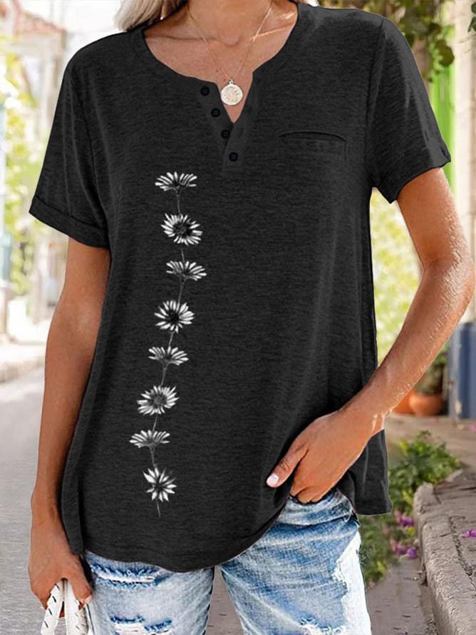 Buttoned Casual V Neck Floral Short Sleeve T-Shirt