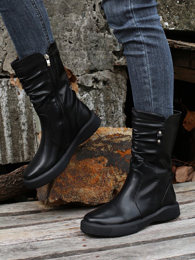 Vintage Studded Decor Zipper Side Slouchy Boots
