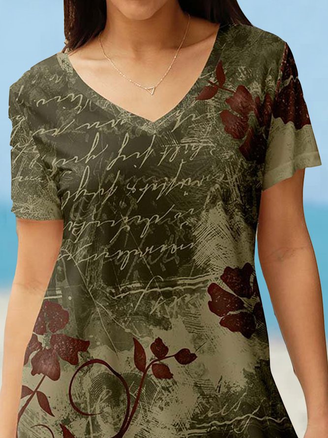 Floral V Neck Polyester Cotton Casual Top