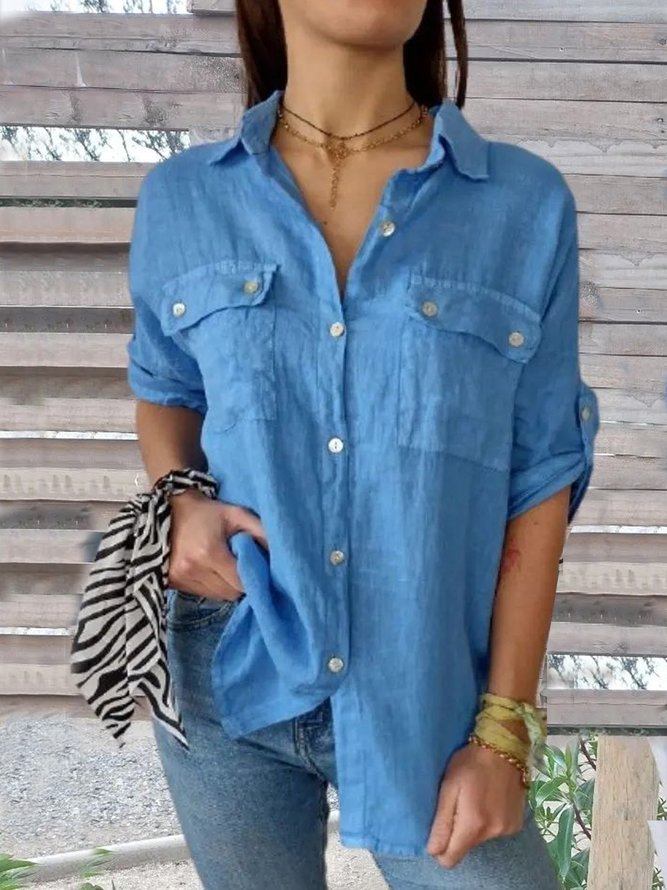 Buttoned Casual Shirt Collar Loose Blouse