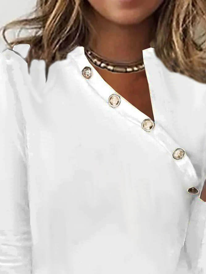 Women's T-shirt Plain Buttoned V Neck Casual Long Sleeve Tops White Black Red Gray