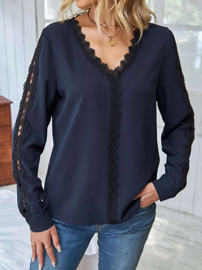 Casual Contrast Lace V Neck Blouse