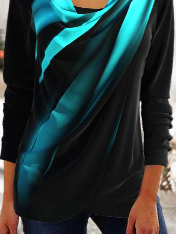 V Neck Casual Fake 2in1 Ombre Cyan Draped Neck Top