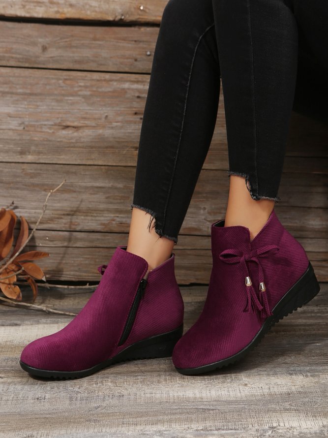 Casual Bow Decor Side Zip Wedge Boots