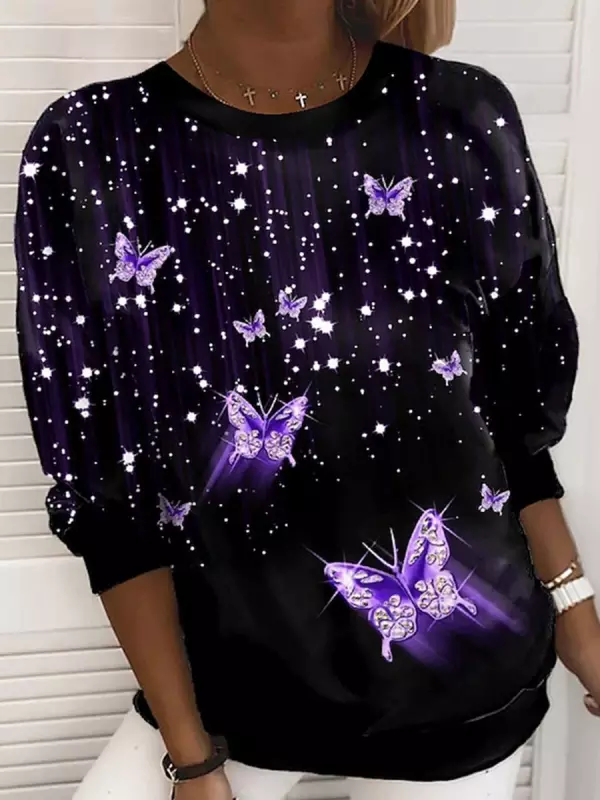Casual Autumn Butterfly Daily Cotton-Blend Regular H-Line Regular Regular Size Sweatshirt for Women