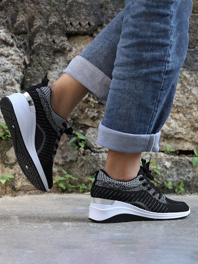 Breathable Mesh Fabric Wedge Heel Lace-Up Sneakers