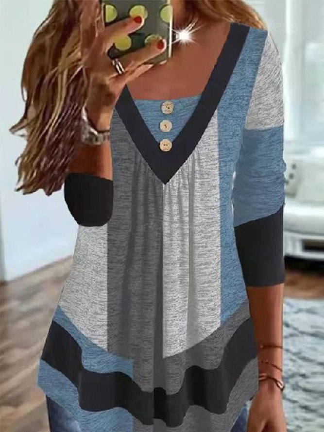V Neck Buttoned Casual Color Block Ruched Tunic