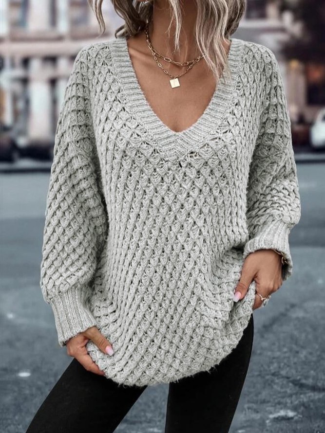 Loose V Neck Plain Casual Sweater