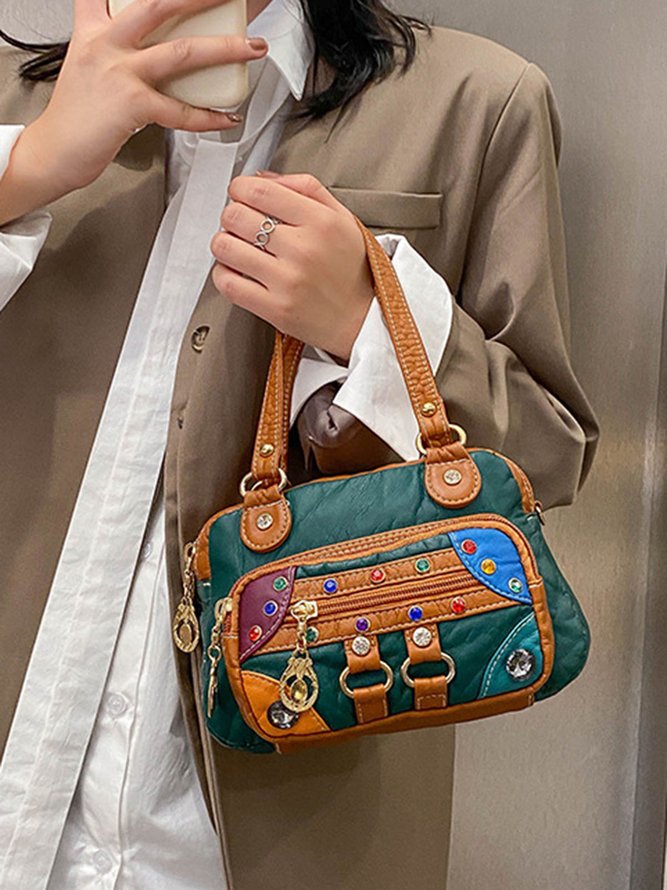 Retro Ethnic Style Mosaic Rhinestone Zipper Messenger Bag