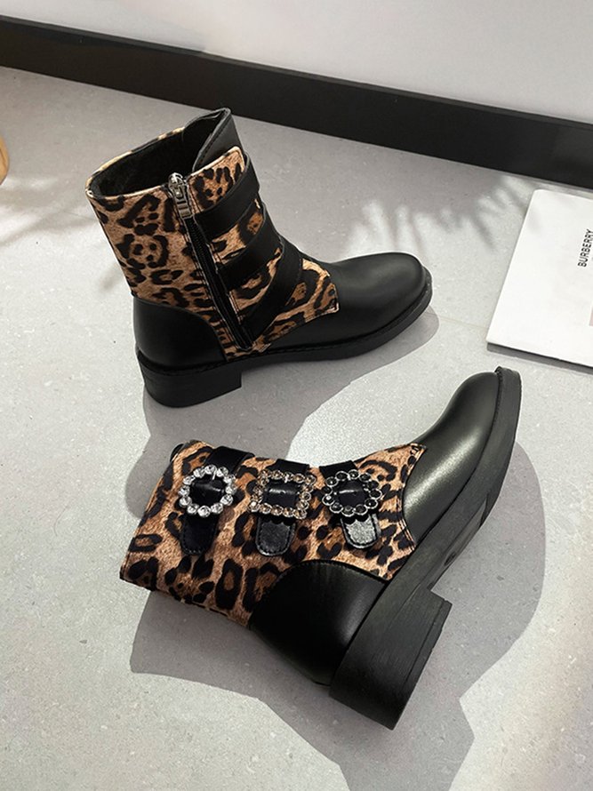 Leopard Pattern Rhinestone Buckle Decor Zipper Side Combat Boots