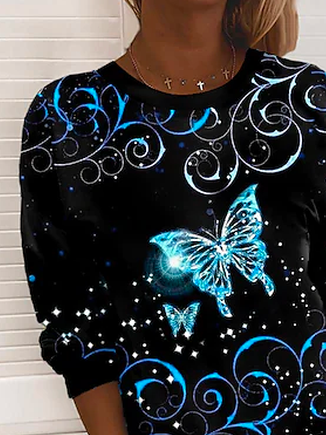 Butterfly Floral Boho Crew Neck Loose Sweatshirt
