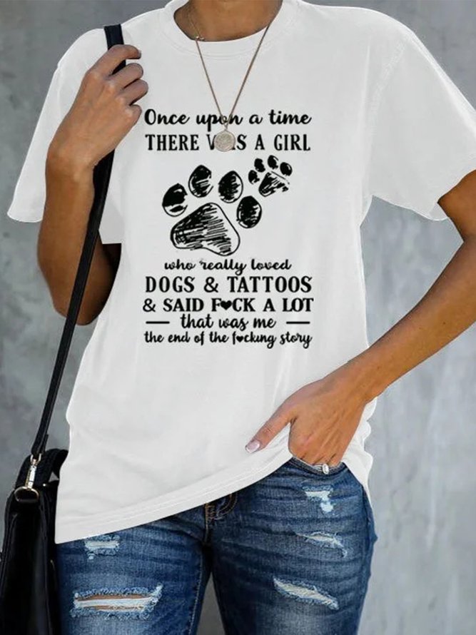 Women's Once Upon A Time Dog Paw Letter Printed Casual Tee