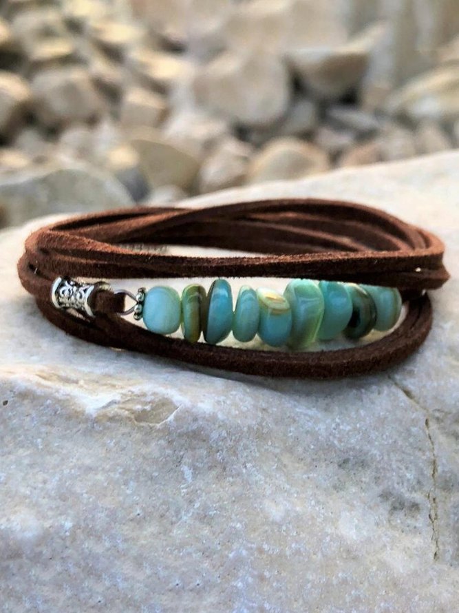 Ethnic Vintage Beaded Natural Turquoise Leather Layered Bracelet Bohemian Vacation Jewelry
