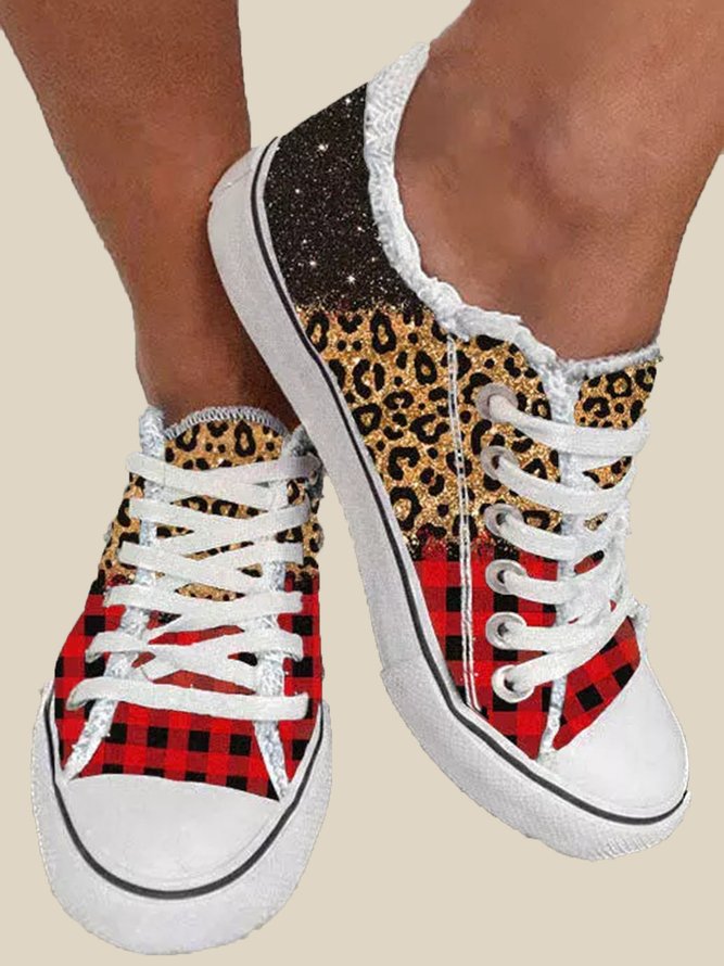 Christmas Leopard Check Panel Canvas Shoes