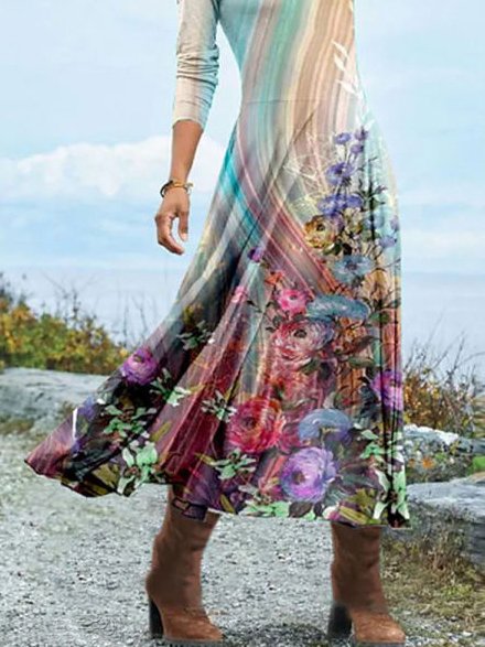 Crew Neck Floral Casual Loose Dress
