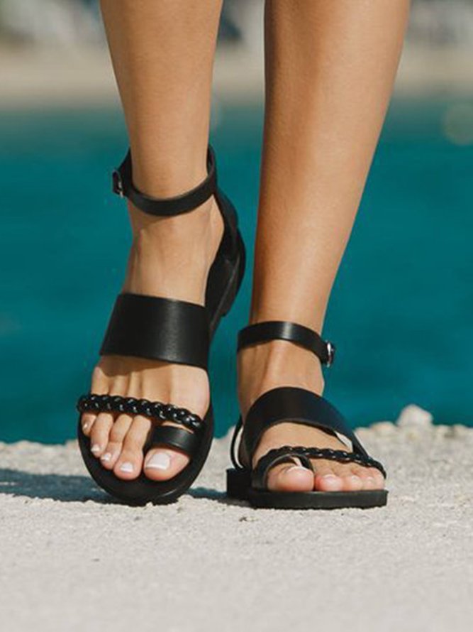 Black Leather Woven Thongs Greek Sandals