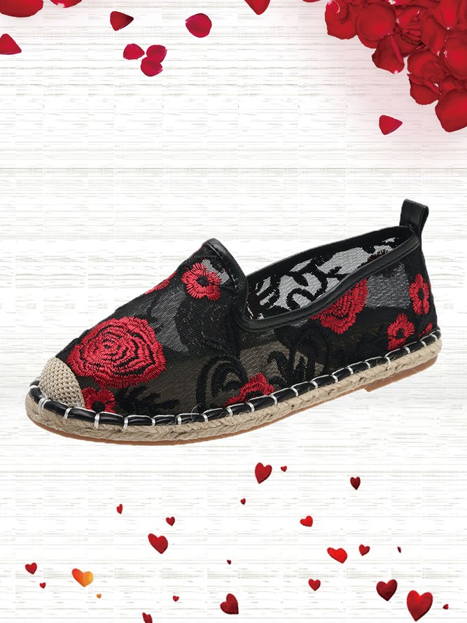 Romantic Rose Embroidery Mesh Flat Espadrilles
