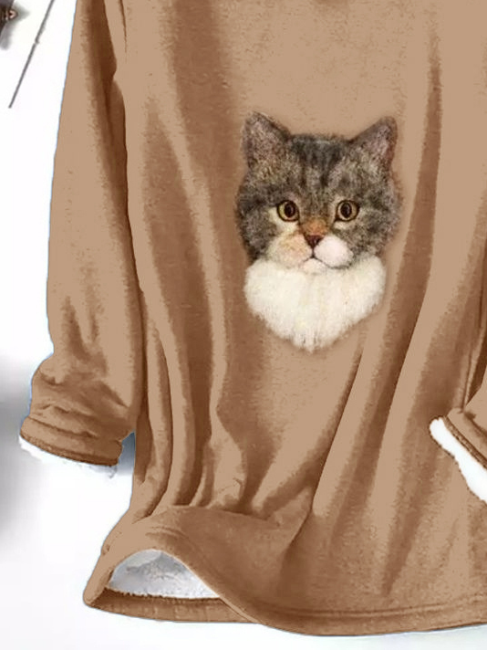 Casual Cat Animal Regular Fit Crew Neck Cotton-Blend Sweatshirt