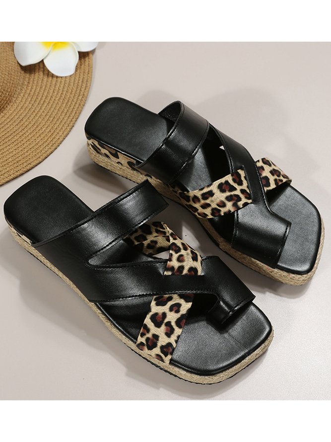 Leopard Print Cross Stripes Straw Platform Sandals