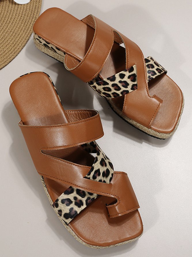 Leopard Print Cross Stripes Straw Platform Sandals