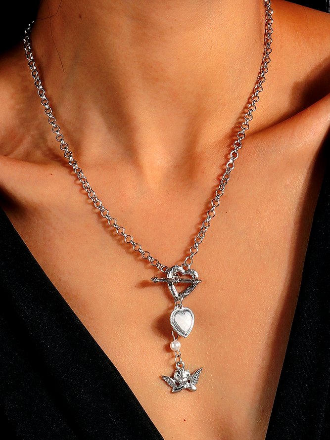 Casual Vintage Silver Heart Chain Necklace Ethnic Vintage Angel Pattern Jewelry