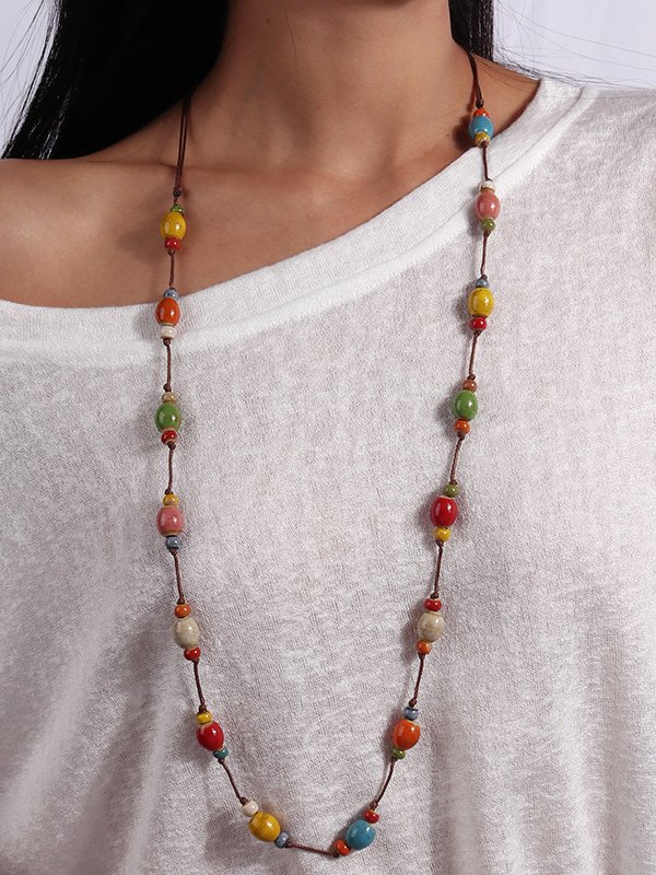 Bohemian Vacation Colorful Beaded Ceramic Necklace Sweater Chain Ethnic Vintage Beach Jewelry
