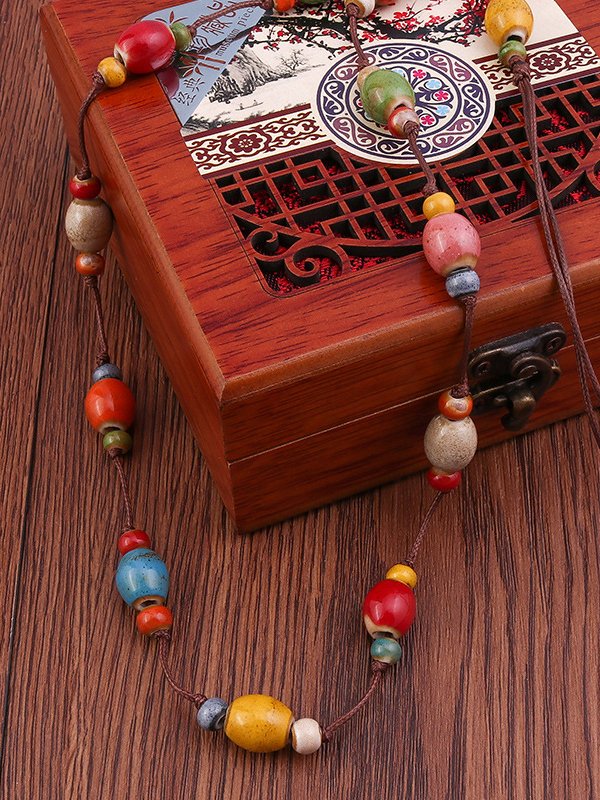 Bohemian Vacation Colorful Beaded Ceramic Necklace Sweater Chain Ethnic Vintage Beach Jewelry