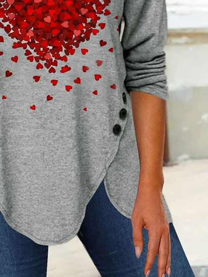 Casual Heart/Cordate Crew Neck Buttoned Loose T-Shirt