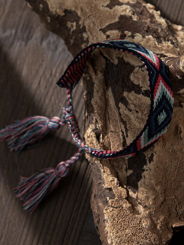 Ethnic Vintage Woven Embroidered Cotton Linen Hand Rope Bracelet Bohemian Holiday Style Jewelry